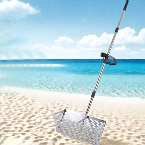 Rastrillo de pulgas de arena, dientes de tiburón de acero inoxidable, tamiz de arena de playa con mango largo desmontable, rastrillo de mango largo desmontable ancho para playa, el tamiz viene con