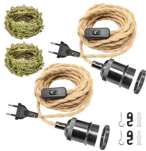 2 Pares Portalámparas cuerda de cáñamo con Interruptor, Lámpara Metal colgante Con de Interruptor y Enchufe Color de negro, 5,1M Cables de cuerda de cáñamo Cordón decorativo de hojas verdes de 5 m