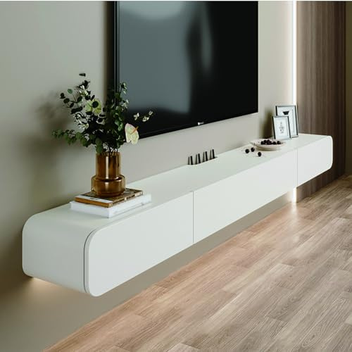 FPIGSHS Solid Wood Floating TV Unit with 2 drawer 180cm Modern Wall-Mounted TV Cabinet White hanging TV stand Media Console Shelf with Storage for Living Room, Bedroom – Fully Assembled (A, 140cm)