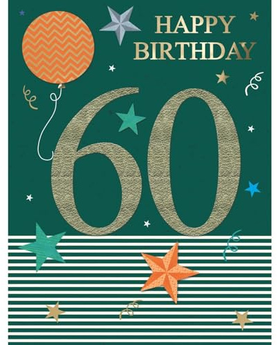 SECOND NATURE Large Embellished A4 60th Birthday Greeting Card Balloons & Stars 60 Today - All For One Vibrant Design, Heartfelt Wishes, Eco-Friendly, Keepsake, Special Occasion
