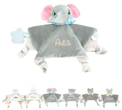 Lam Hub Fong Doudou Bébé Personnalisé avec Prénom Anneau de Dentition en Silicone et Clochette Doudou Ultra-doux 27 × 27 cm Cadeau pour Nouveau-nés Garçons Filles