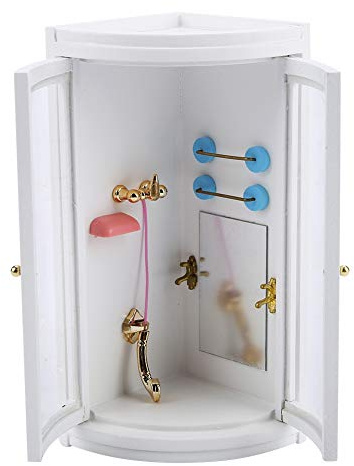 Zerodis Puppen- und Stoffspielzeugzimmer, Handgefertigtes Miniatur-Badezimmer aus Holz mit zu öffnender Tür für -Puppenhäuser, 1:12 Puppenhaus-Dusche