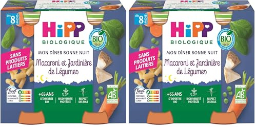 HiPP - Mon Dîner Bonne Nuit - Macaroni et Jardinière de Légumes - Pots 2 x 190 g (Lot de 2)