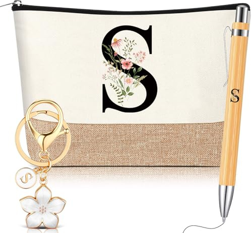 Hestya Lot de 3 Cadeaux pour Femmes, Lettre S, Blanc, Bois | Anniversaire Cadeaux pour Femmes avec Initiale Florale Trousse de Maquillage Porte-Clés Stylo à Bille pour Amie Maman
