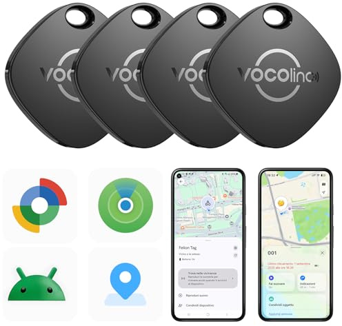 VOCOlinc Smart Tag Lot de 4 Double Système, Air-tag Traceur Fonctionne avec l’app Localiser Apple et Google, Tracker Localisateurs D’Objets pour Valise/Clés/Sacs/Bagages, Batterie Remplaçable