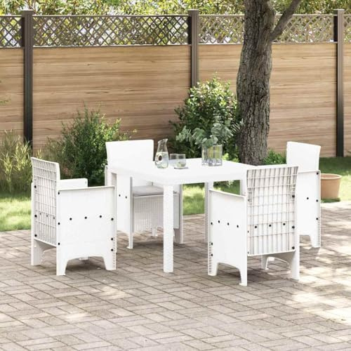 Owoxanthellate Gartenmöbel Set 5-TLG Weiß Rattan Essgruppe quadratisch UV-beständig mit 4 ergonomischen Stühlen und Tisch 90 cm Modernes Design für kleine Terrassen Balkon Garten