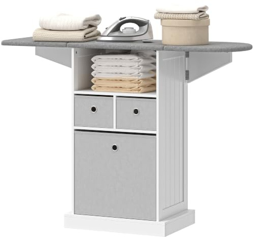 HOMCOM Mobile Asse da Stiro Pieghevole Salvaspazio 121x37x89.5 cm Bianco | Mobile da Stiro Multiuso, 3 Cassetti in Tessuto Effetto Lino, Ruote a Freno, Ripiano Aperto, per Lavanderia e Bagno