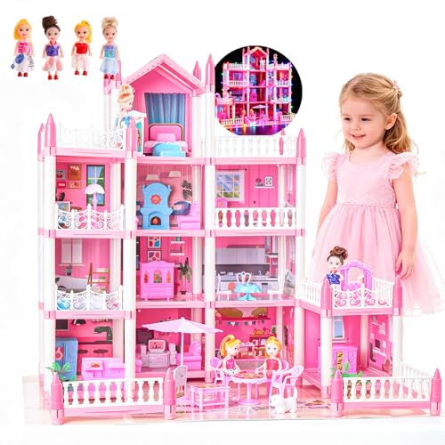 Grande maison de poupée pour filles de 3 à 12 ans, 11 pièces, maison de poupée avec éclairage, tapis de jeu, poupées, meubles et nombreux accessoires, enfants