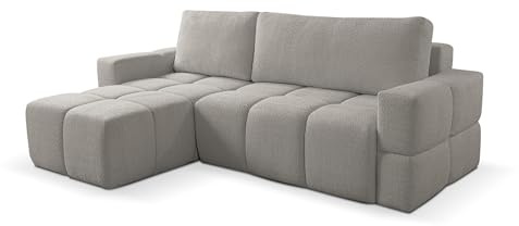 VENASI MÖBEL Ecksofa LUSSO, Eckcouch in L-Form mit Schlaffunktion und Bettkasten, Farbe: Grau, Bouclé-Stoff, Ottomane Universal