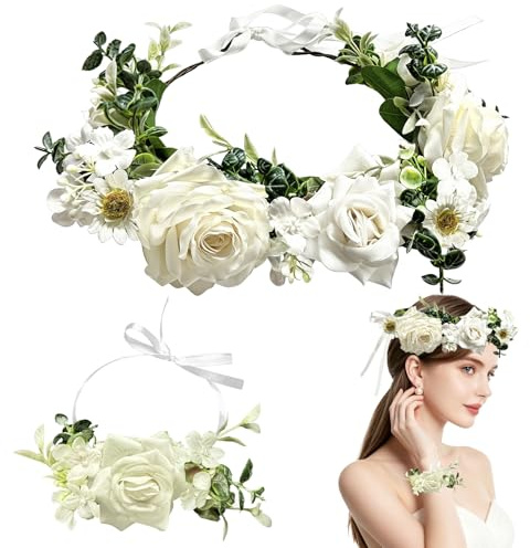 TZEKING Blume Krone,Braut Haarschmuck mit Armband Set,Hochzeitsgirlande Haarkranz mit Verstellbarem Haarband,Blume Krone Stirnband für Braut Damen Mädchen,Haarschmuck für Hochzeit Party Festival