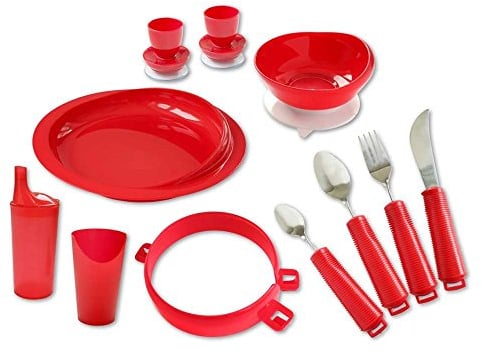 Behrend Geschirr-Set Alzheimer Patienten, Teller Becher Besteck, rot, Deluxe 10-teilig