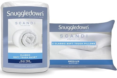 Snuggledown Soft Touch Single Duvet 13.5 Tog & 2 Pillows - Extra Warm, Thick & Cosy Winter Quilt for Chilly Nights | UK-Made, Satin Striped Cover, Non-Allergenic, Machine Washable (135 x 200cm)