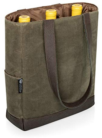 PICNIC TIME LEGACY - a Brand, Bottle Insulated Wine Bag, Distressed Waxed Canvas Wine Tote Bag, Wine Gift Bag