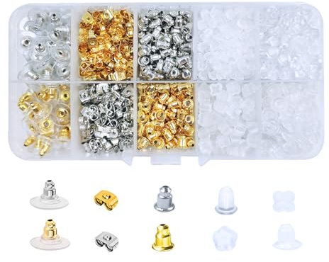 Vivixin 1080 Stück Ohrring-Verschlüsse: 10 Stile, Transparent, Silber, Gold, Kugel, Schmetterling, Topf, Bequem, Langlebig, Passend für alle Ohrringe, Inkl. Kunststoff-Box mit 10 Fächern