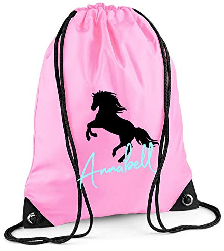 Turnbeutel mit Namen | Motiv aufsteigendes Pferd inkl. Namensdruck | Personalisieren & Bedrucken | Sportbeutel Schuhbeutel für Mädchen (rosa)