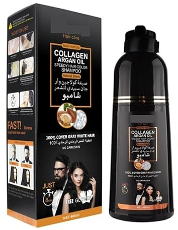 Champú para Cabello Negro, Champú De Tinte De Cabello Negro Instantáneo, Colágeno, Aceite de Argán, Tinte para el Cabello, Champú para Tinte, para Cubrir el Cabello Canoso (400 Ml)