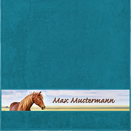 Manutextur Duschtuch mit Namen - personalisiert - Motiv Pferd 1 - viele Farben & Tiermotiven - Dusch-Handtuch - Petrol - Größe 70x140 cm - persönliches Geschenk mit Wunsch-Motiv und Wunsch-Name