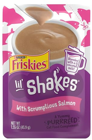 Purina Friskies Pureed Cat Food Topper, Lil’ Shakes With Scrumptious Salmon Lickable Cat Treats - (Pack of 16) 1.55 oz. Pouches