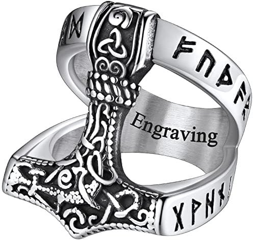 FaithHeart Engraved Mans Ring Nordic Viking Jewelry Punk Mjolnir Thor Hammer Talisman Rings Chunky Band Norse Ring for Husband Size S