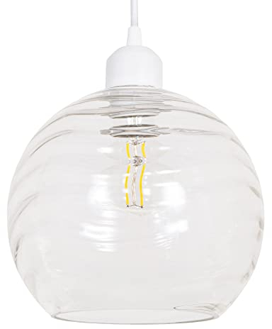 Modern Designer Clear Transparent Circular Ribbed Glass Non Electric Pendant Lamp Shade | 40w Maximum | 20cm Diameter | Spherical Shape Wavy Design by Happy Homewares