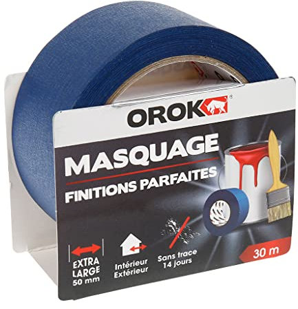 OROK - Ruban de masquage - Ruban adhésif de masquage bleu pour peinture finitions parfaites 30m x 50mm, Rouleau ruban de masquage peinture 30m x 50mm - Sans trace 14 jours - Intérieur & Extérieur