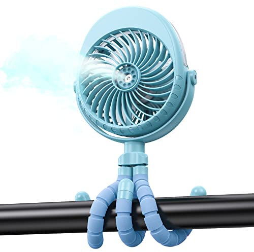 2025 Upgarded 4000mAh Misting Baby Stroller Fan, Rechargeable Battery Operated,Max 15Hrs Cooling,50ml Portable Water Sprayer Misting Fan with Flexible Tripod Clip on Car Seat Crib Treadmill Bunk Bed