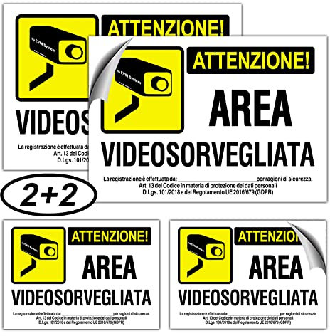EVM 4 Cartelli Videosorveglianza Adesivi Impermeabili in PVC Morbido – Area Videosorvegliata – 2 Grandi (150x100 mm) + 2 Piccoli (105x73 mm) – Uso Interno ed Esterno