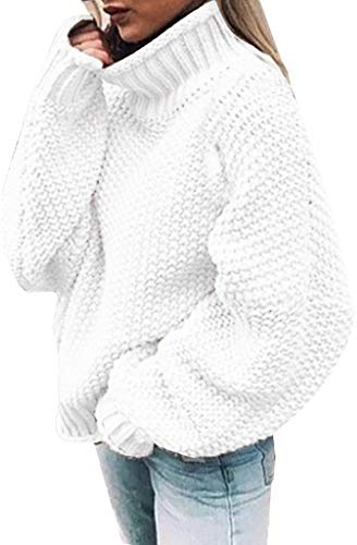 Dampolotröja stickad tröja oversize – polotröja tröja grovstickad vintertröja stickad tröja vinter varm enfärgade toppar elegant långärmad grovstickad tröja, Vit, XL