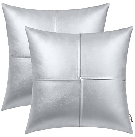BRAWARM Kunstleder-Kissenbezüge, 50,8 x 50,8 cm, silberfarbene Leder-Kissenbezüge, handgenäht, dekorative Dekokissen für Couch, Sofa, Bett, Wohnzimmer, Zuhause, Garten, 50,8 x 50,8 cm, 2 Stück