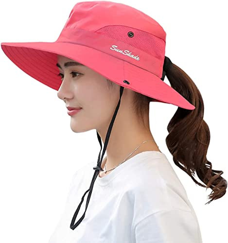 Damen Pferdeschwanz Safari Sonnenhut Mesh Breite Krempe UV Schutz Outdoor Bucket Hut Faltbar Strand Sommer Angelhut, 1 Packung - Pure Watermelon Red, 6 3/4/6 7/8
