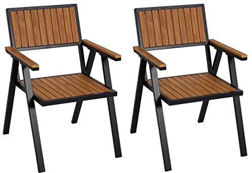Mendler 2er-Set Gartenstuhl HWC-J95, Balkonstuhl Stuhl, Outdoor-Beschichtung, Aluminium Holzoptik - Gestell schwarz, Teak
