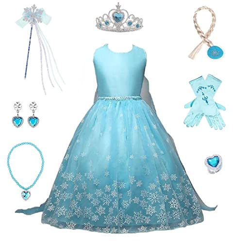 Timesun® Mädchen Prinzessin Schneeflocke Süßer Ausschnitt Kleid Kostüme mit Diadem, Handschuhen, Zauberstab und Zopf (Blaue Weste Elsa, 150(134-140)