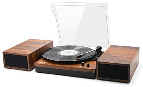 LP&No.1 Tocadiscos vintage inalámbrico con altavoces externos duales, tocadiscos inalámbrico con salida RCA y entrada inalámbrica, madera marrón caoba