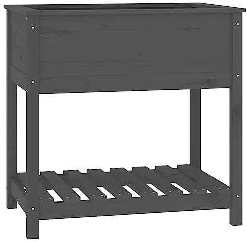 vidaXL Solid Wood Pine Planter with Shelf Outdoor Pot Wooden Raised Bed Garden Flower Pot Stand Vegetable Bed Plant Tray Grey 82.5x54x81 cm