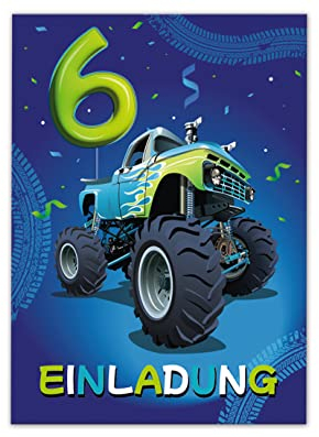 12 Einladungskarten zum 6. Kindergeburtstag Einladung sechste Geburtstag Jungen Auto Monster-Truck
