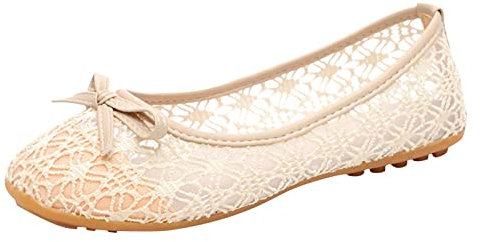 Women's Ballet Flats Ladies Lace Breathable Loafers Comfortable Bowknot Shoes Mesh Cut Out Boat Shoes Casual Ballerina Slip-On Shoes Round Toe Pumps Shoes Beige