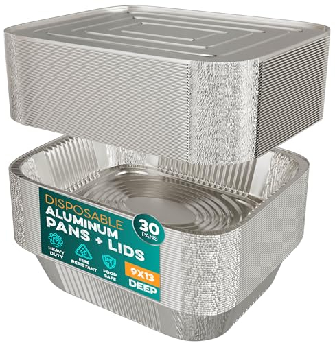 HOUZZKINGZ USA Aluminum Pans With Lids 9x13, 30 Sets, Disposable Aluminum Baking Pans, Silver