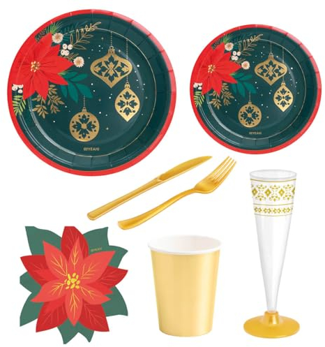 Kit de vaisselle en carton jetable avec décoration de Noël au design de Noël - Vaisselle de Noël, décoration de table de Noël, vaisselle jetable de Noël, fêtes de Noël (kit traditionnel 12 personnes)