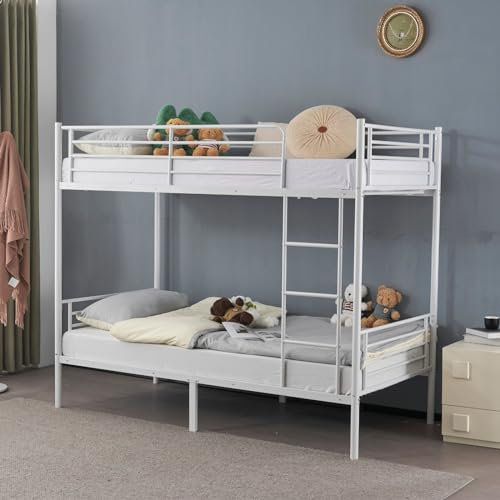 Karlhome Twin Over Twin Bunk Bed,Bunk Beds for adults, Kids Bunk Bed, Single Bunk Bed with Ladder and Guard Rails, Heavy Duty Metal BunkBeds for Teens, Adults - No Box Spring Needed, White