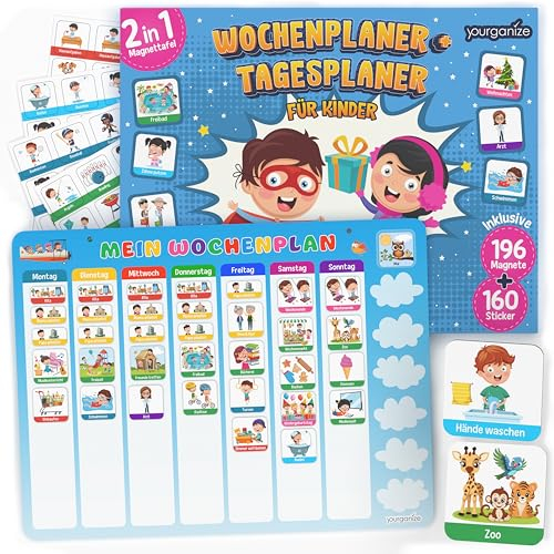 YOURGANIZE® 2-in-1 Wochenplaner Kinder & Tagesplaner Kinder inkl. 196 Magnete + 160 Sticker zum Personalisieren - Routine Planer Kinder