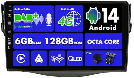 SXAUTO『Built-in 4G Dab』Android 15-6G+128G Autoradio para Toyota RAV4 (2007-2012) - CarPlay/Android Auto - Cámara + Mic - 360-CAM Volante Fast-Boot HDMI Dual Band WiFi Bluetooth -QLED 9 Pulgada 2 DIN