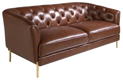 Ángel Cerdá – 2-sitzer-Cognac-Sofa Aus Getuftetem Leder, Modernes Design, Holzstruktur, Goldene Edelstahlbeine, Für Wohnzimmer – 188 X 94 X 75 cm