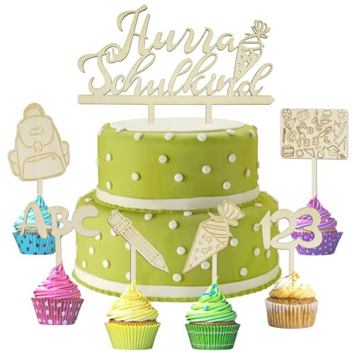 7 Stück Tortendeko Einschulung Holz Cake Topper Set Schulkind Hurra Schulkind Tortendeko Schulanfang Kuchen Dekoration für Mädchen Junge Schulanfang Party Deko Geringe Größe