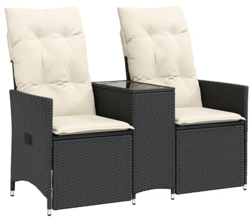 vidaXL Gartensofa, Sofa 2-Sitzer mit Tisch Verstellbare Rückenlehne, Lounge Sitzgruppe für Garten Terrasse, Gartenbank Gartenmöbel, Schwarz Poly Rattan