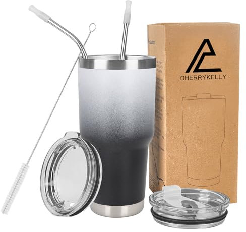 CherryKelly 30oz (850ml) Insulated Travel Tumbler Mug Stainless Steel Vacuum Coffee Cup with 2 Leak-Proof Lids & Straws, BPA-Free, Hot & Cold, Commute, Gym, Office - White&Black