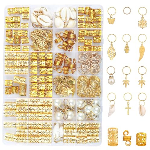 COMNICO 230 Pcs Gold Hair Jewelry for Braids, DIY Dreadlocks Beads Set Metal Gold Braids Rings Cuffs Clips Adjustable Decorations Women Girls Festival Hair Accessories Revel Fashion Styling Tools