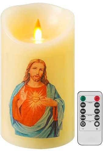 QQFCTOO LED Herz-Jesu-Kerze mit Fernbedienung & Timer, Echtwachs, 3D-Flamme, 8 x 15 cm