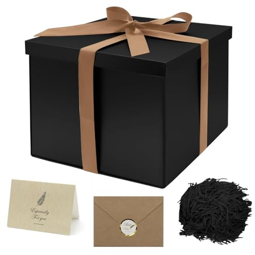 GOIYZTTR Geschenkbox mit Deckel 23 * 23 * 18cm Tiefe Geschenkbox Schwarz Groß Geschenkboxen Schwarz mit Schleife Grußkarte und Bast Geliefert Geeignet als Geschenkverpackung