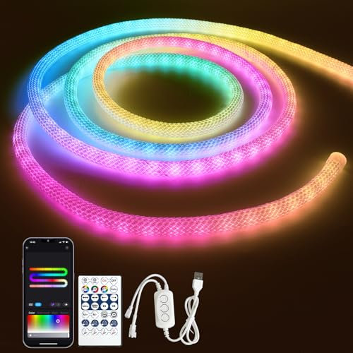 USB RGB+IC Neon LED Streifen Seil 5m, Bluetooth Neon LED Strip RGBIC Dimmbar LED Band Außen IP65 Wasserdicht, 50LED/M, APP Steuerbar, 360°-Beleuchtung LED Strip Outdoor Indoor für Schlafzimmer Deko