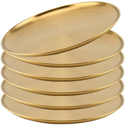 HEIYUET 6 Stück Edelstahl Rundes Geschirr, 26cm Goldenes Edelstahl Tablett, Rundes Serviertablett Gold, Teller Metall Dekoteller für Lebensmittel, Camping, Küche, Grill